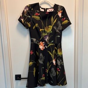 Ted Baker Black Floral Sheath Dress with Pink & Green Accents